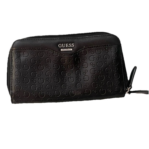 Guess Los Angeles Wallet Black Zip Around All‎ Over G Embossed Print - Picture 1 of 3